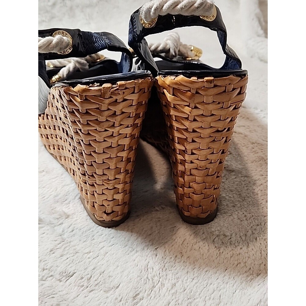 Tory Burch Navy Blue Patent‎ Rope Bow Wedge Slingback Peep Toe Sandals Womens 10 - Picture 8 of 11